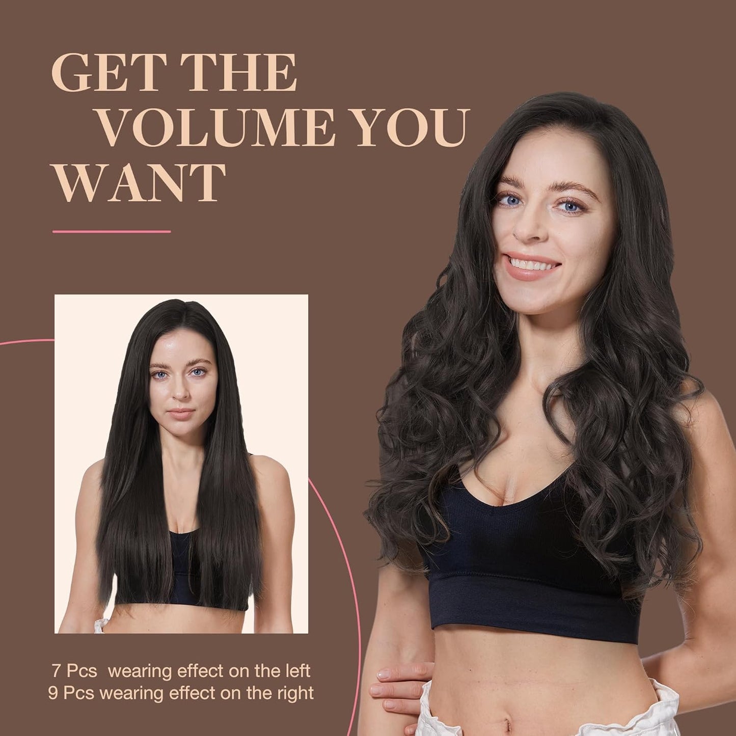 Clip in Hair Extensions Real Human Hair, Remy Human Hair Extensions Clip ins for Women, Natural Human Hair, 20inch 150g 9Pcs, 2 Dark Brown