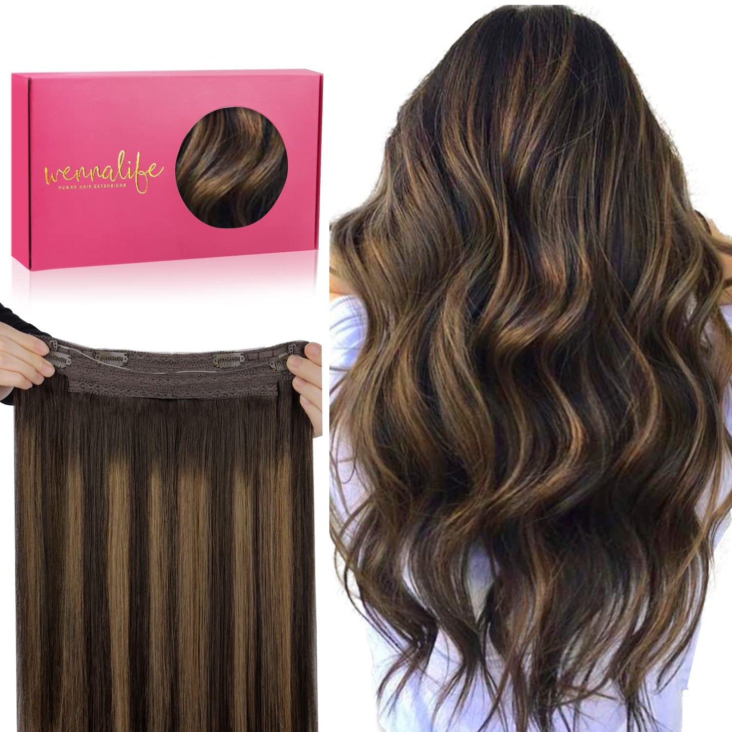 Wire Hair Extensions (Increase 50% Lifespan) Real Human Hair 14 inch 75g Balayage Dark Brown to Chestnut Remy Invisible Transparent Fish Line