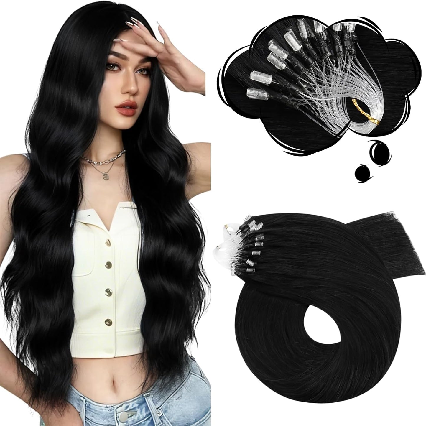 Microlink Hair Extensions Human Hair Jet Black Micro Bead Hair Extensions Real Human Hair Black Micro Link 24 inch Extensions for Women 50G/50S
