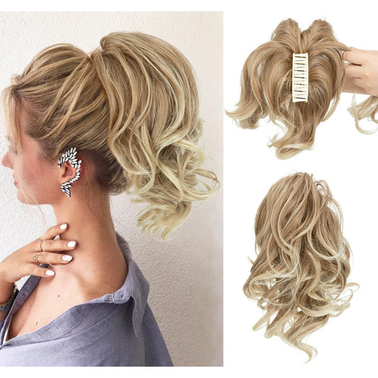 HAIR Claw Clip Short Ponytail Hair Extensions DIY Bendable Metals Messy Bun Hair Piece for Wonen Wavy Curly Synthetic Fake Hairpieces Gloden Blonde and Beach Blonde Tips