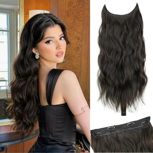 Dark Brown Invisible Wire Hair Extensions Long Wavy Synthetic Hairpiece with 4 Secure Clips for Women 20 Inch Clip in Hair Extensions