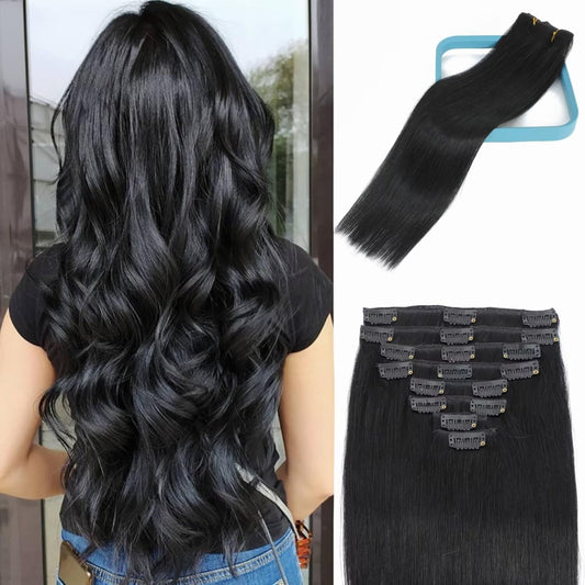 Clip in Hair Extensions Real Human 100g 100% Brazilian Remy on 8pcs Per Set with 18Clips Double Weft (18 Inch, #1 Jet Black Color)