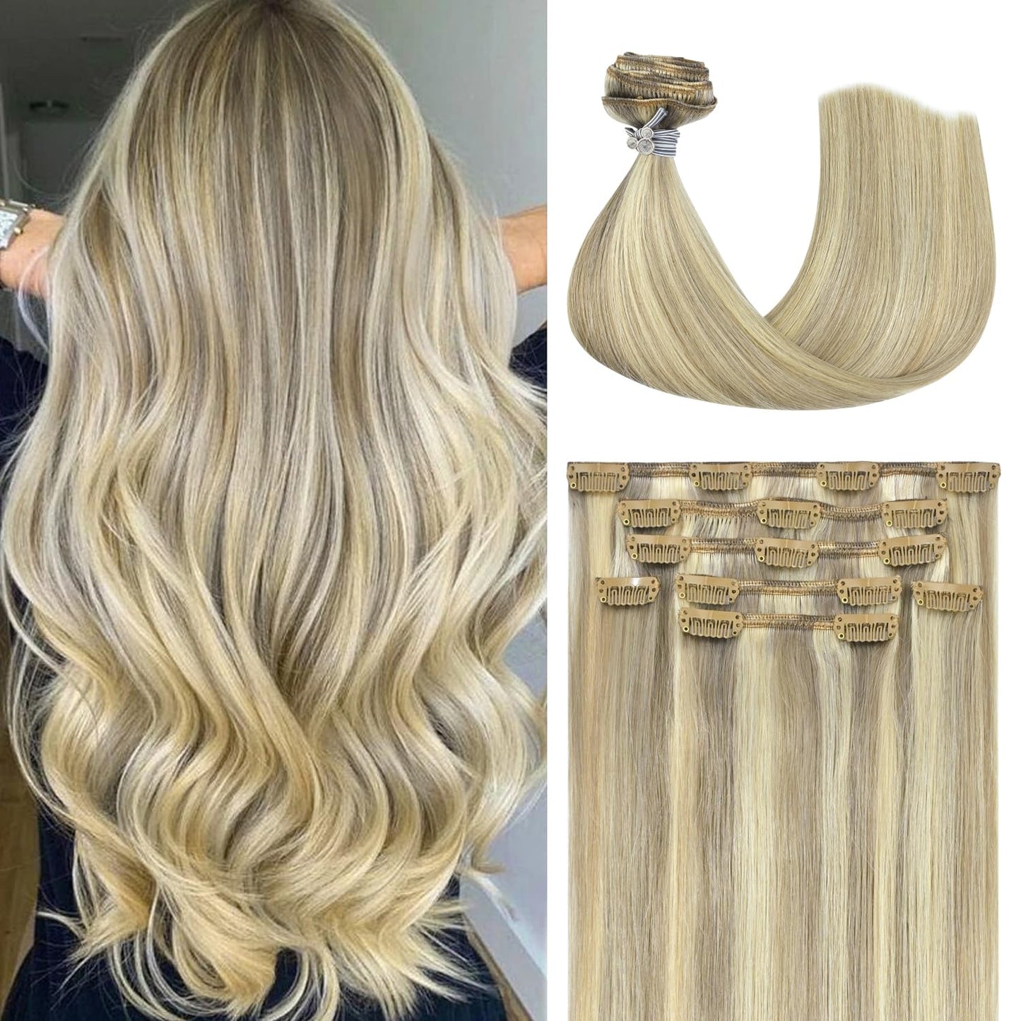 Clip in Real Human Hair, Balayage Hair Extensions Mixed Bleach Blonde 12inch 70g 7pcs Straight Silky Blonde Heat Safe Hair