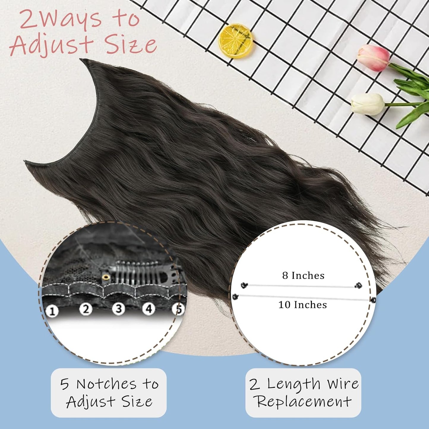 Dark Brown Invisible Wire Hair Extensions Long Wavy Synthetic Hairpiece with 4 Secure Clips for Women 20 Inch Clip in Hair Extensions