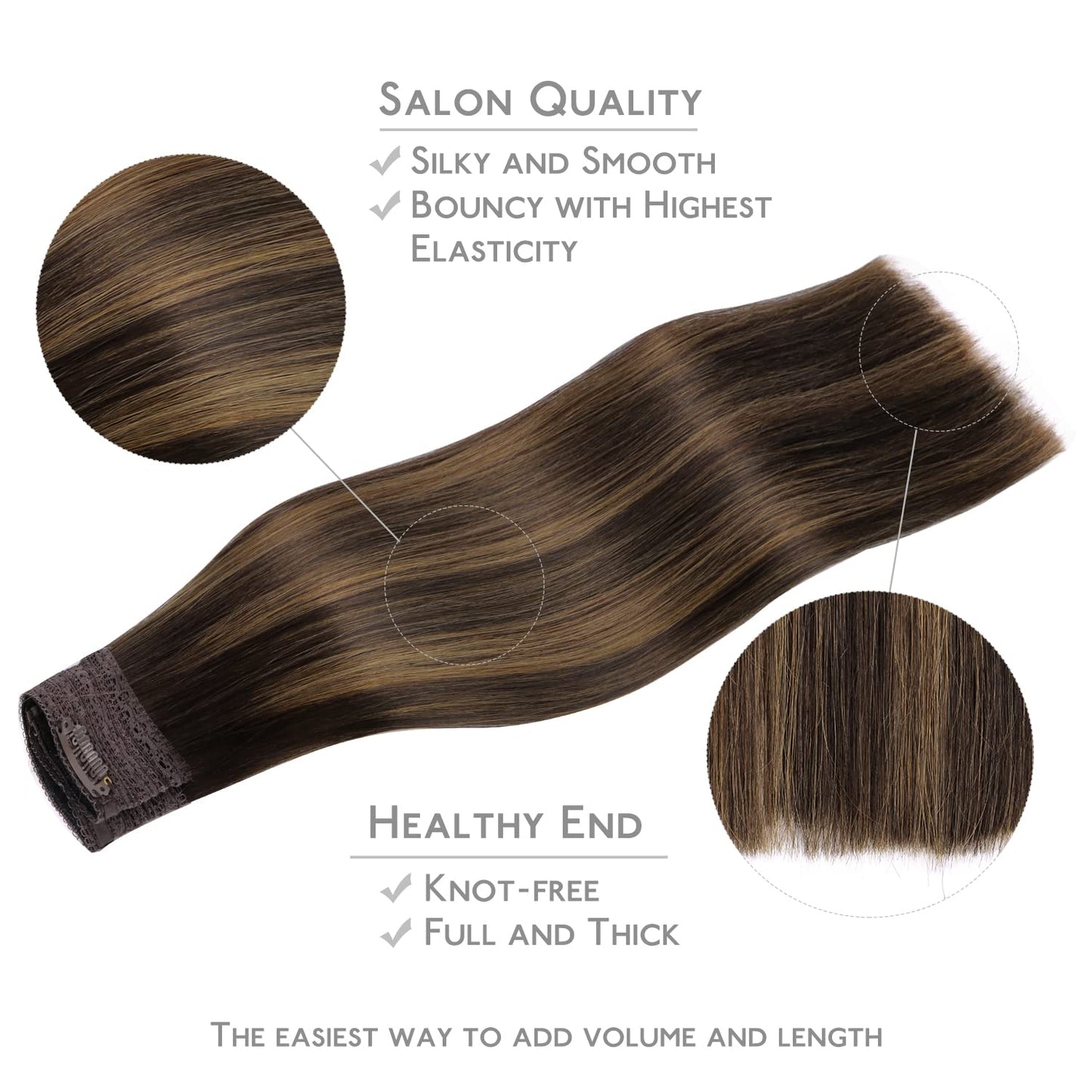 Wire Hair Extensions (Increase 50% Lifespan) Real Human Hair 14 inch 75g Balayage Dark Brown to Chestnut Remy Invisible Transparent Fish Line