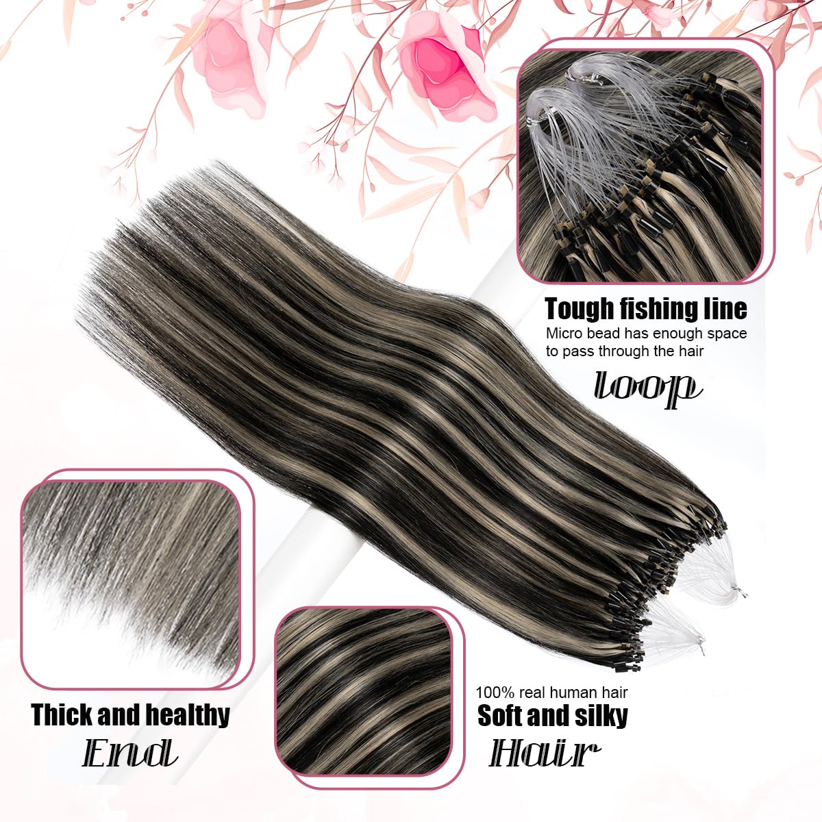 Micro Bead Hair Extensions Real Human Hair Chocolate Brown Micro Link Hair Extensions Human Hair 18 Inch Micro Ring Human Hair Extension 1g/Strand 50g #1B/613(#1B/613, 18inch)