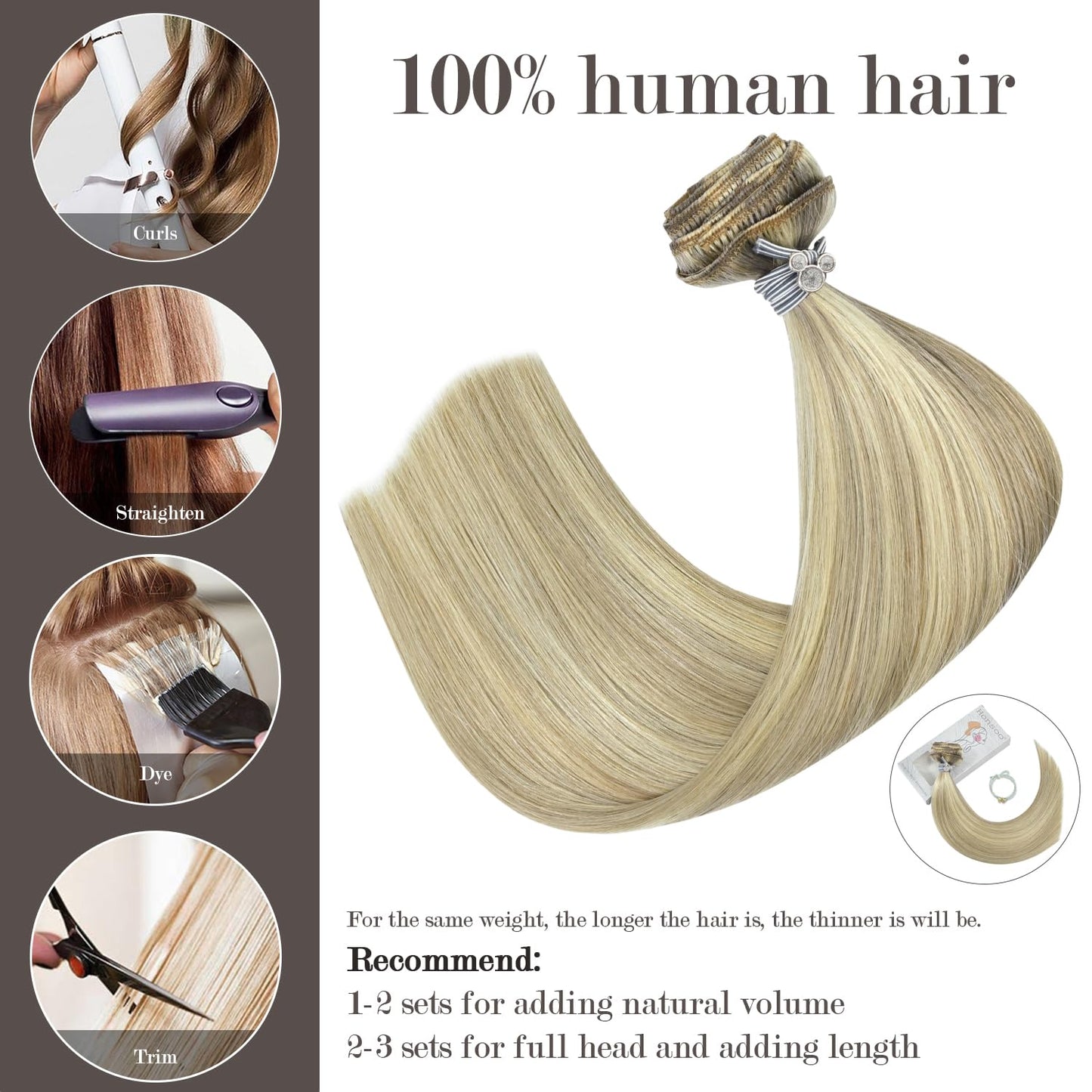 Clip in Real Human Hair, Balayage Hair Extensions Mixed Bleach Blonde 12inch 70g 7pcs Straight Silky Blonde Heat Safe Hair