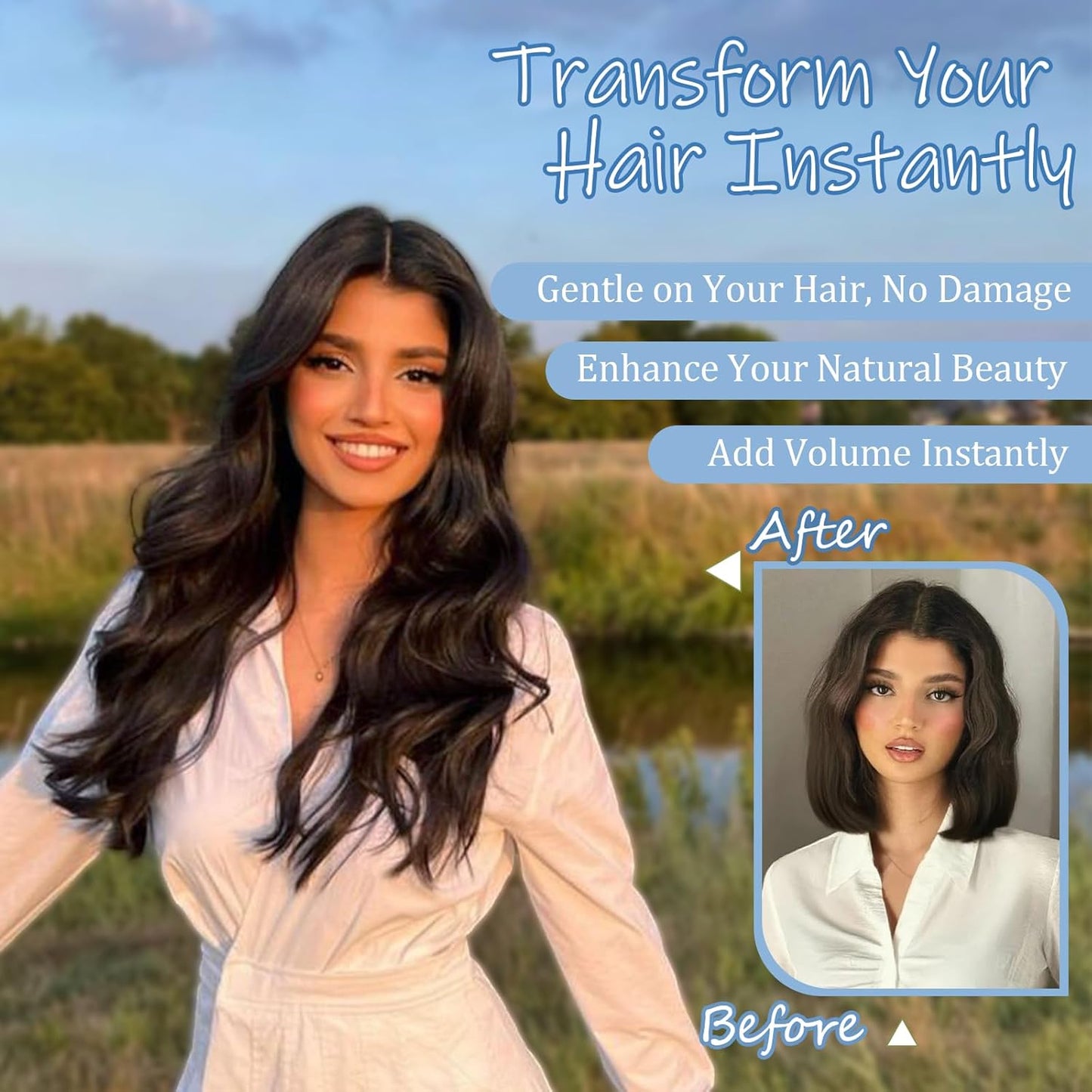 Dark Brown Invisible Wire Hair Extensions Long Wavy Synthetic Hairpiece with 4 Secure Clips for Women 20 Inch Clip in Hair Extensions