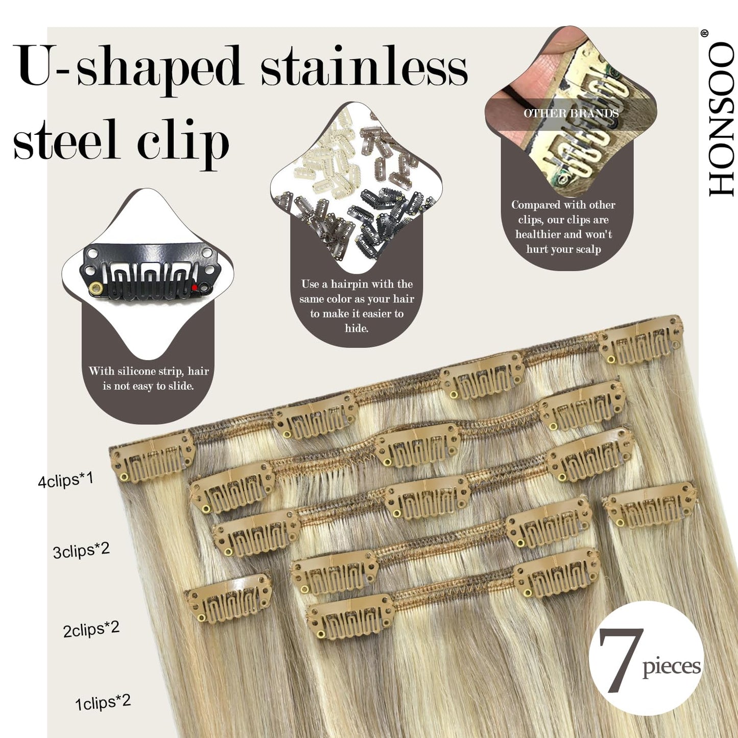 Clip in Real Human Hair, Balayage Hair Extensions Mixed Bleach Blonde 12inch 70g 7pcs Straight Silky Blonde Heat Safe Hair