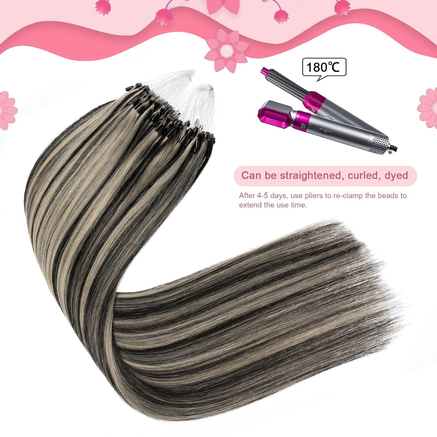 Micro Bead Hair Extensions Real Human Hair Chocolate Brown Micro Link Hair Extensions Human Hair 18 Inch Micro Ring Human Hair Extension 1g/Strand 50g #1B/613(#1B/613, 18inch)